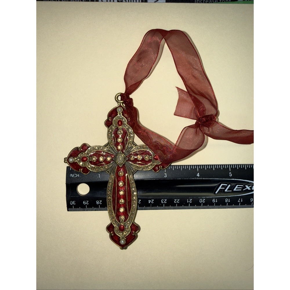 Red Hanging Cross VTG Hand made Metal with crystals & Beads 4.5 inch Long X-62